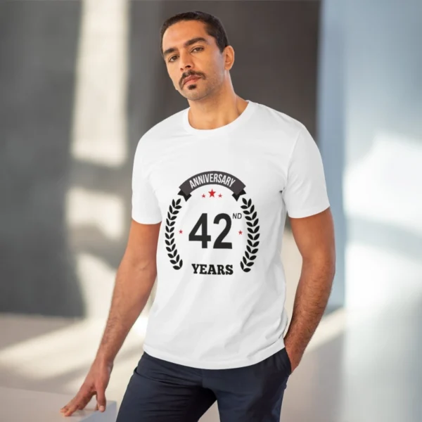 Men's PC Cotton 42nd Anniversary Printed T Shirt (Color: White, Thread Count: 180GSM)