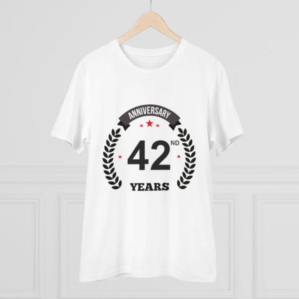 Men's PC Cotton 42nd Anniversary Printed T Shirt (Color: White, Thread Count: 180GSM)