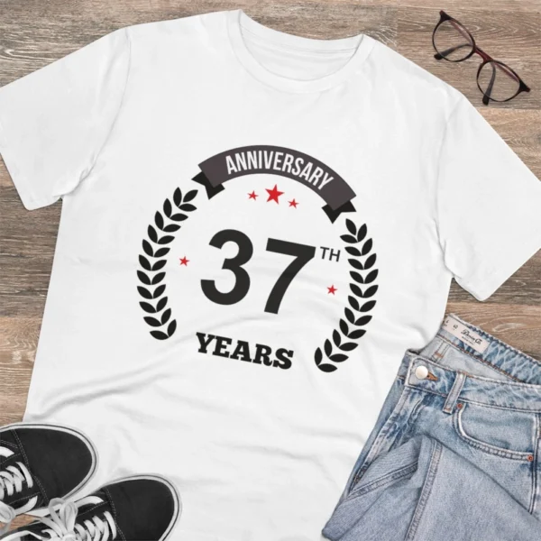 Men's PC Cotton 37th Anniversary Printed T Shirt (Color: White, Thread Count: 180GSM)