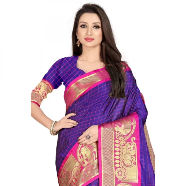 Women's Cotton Silk Saree With Blouse (Blue, 5-6Mtrs)