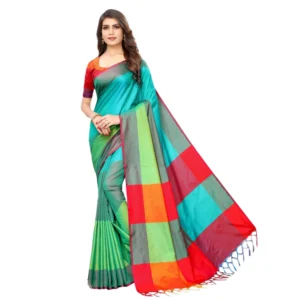 Women's Cotton Silk Saree With Blouse (Turquoise Blue, 5-6mtrs)