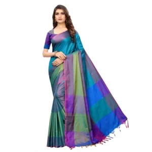 Women's Cotton Silk Saree With Blouse (Sea Green, 5-6mtrs)