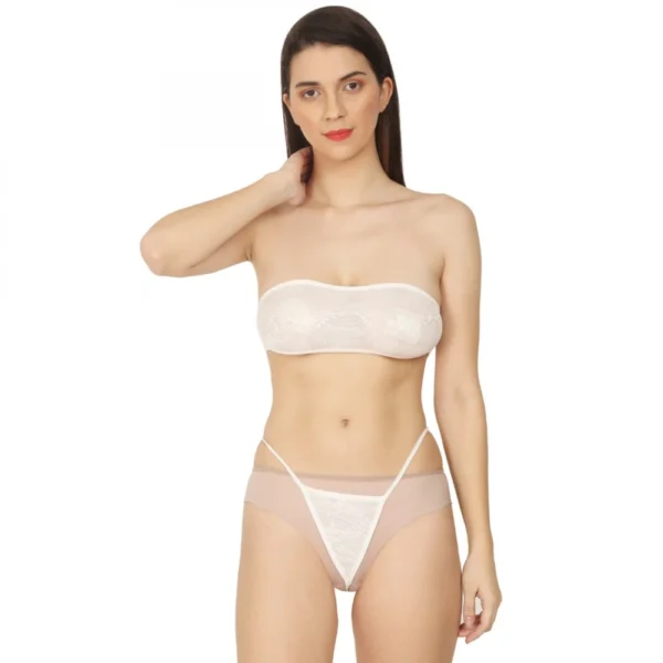 Women's Lycra Blend Lace White Lingerie Set Tube Bra And Panty Set (White)