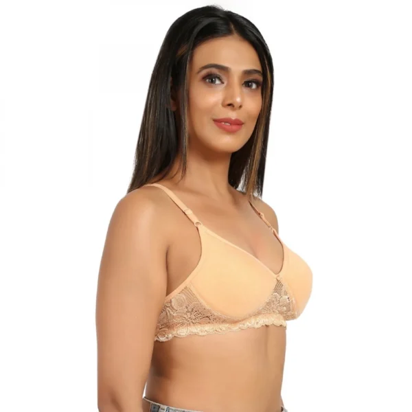 Women's Cotton Blend Lightly Padded T Shirt Bra With Lace (Sandalwood)