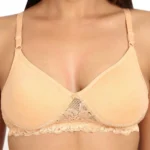Women's Cotton Blend Lightly Padded T Shirt Bra With Lace (Sandalwood)