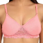Women's Cotton Blend Lightly Padded T Shirt Bra With Lace (Pink)