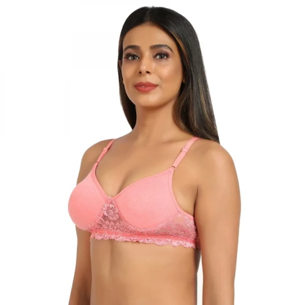 Women's Cotton Blend Lightly Padded T Shirt Bra With Lace (Pink)
