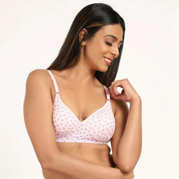 Women's Cotton Blend Lightly Padded Soft Printeded T Shirt Bra (Pink)