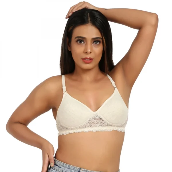 Women's Cotton Blend Lightly Padded T Shirt Bra With Lace (Grey)