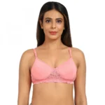 Women's Cotton Blend Lightly Padded T Shirt Bra With Lace (Pink)