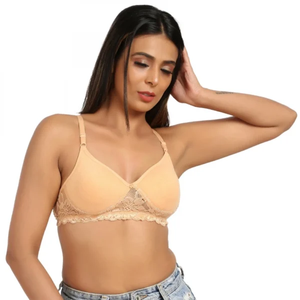 Women's Cotton Blend Lightly Padded T Shirt Bra With Lace (Sandalwood)