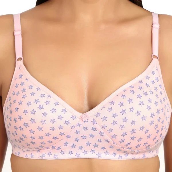Women's Cotton Blend Lightly Padded Soft Printeded T Shirt Bra (Pink)