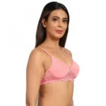 Women's Cotton Blend Lightly Padded T Shirt Bra With Lace (Pink)