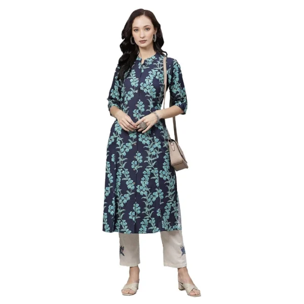 Women's Cotton Printed A Line Kurti (Blue, Cotton)