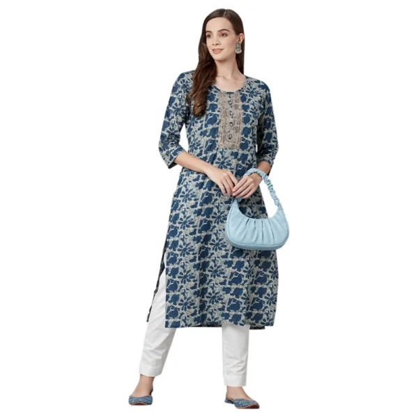Women's Cotton Printed Straight Kurti (Blue, Cotton)