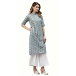 Women's Cotton Printed Straight Kurti (Blue, Cotton)
