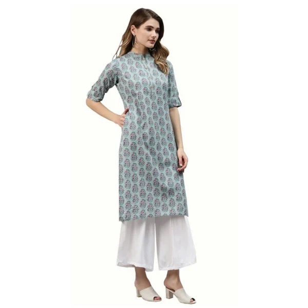 Women's Cotton Printed Straight Kurti (Blue, Cotton)