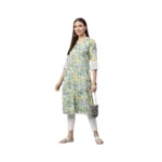 Women's Cotton Printed  Straight Kurti (White, Green, Cotton)