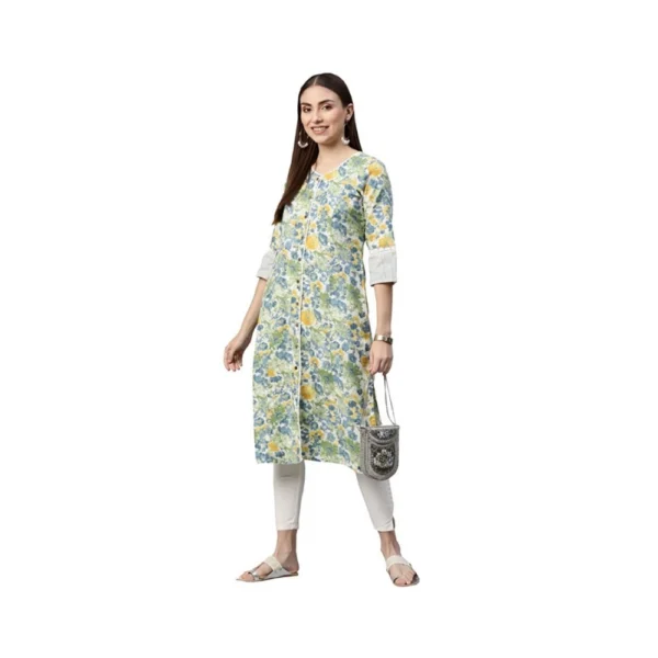 Women's Cotton Printed  Straight Kurti (White, Green, Cotton)
