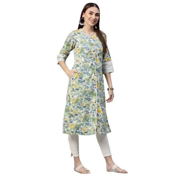 Women's Cotton Printed  Straight Kurti (White, Green, Cotton)