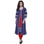 Women's Cotton Printed Long Kurti (Blue, Red, Cotton)