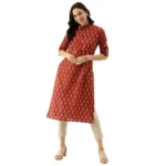 Women's Cotton Printed Straight Kurti (Red, Cotton)
