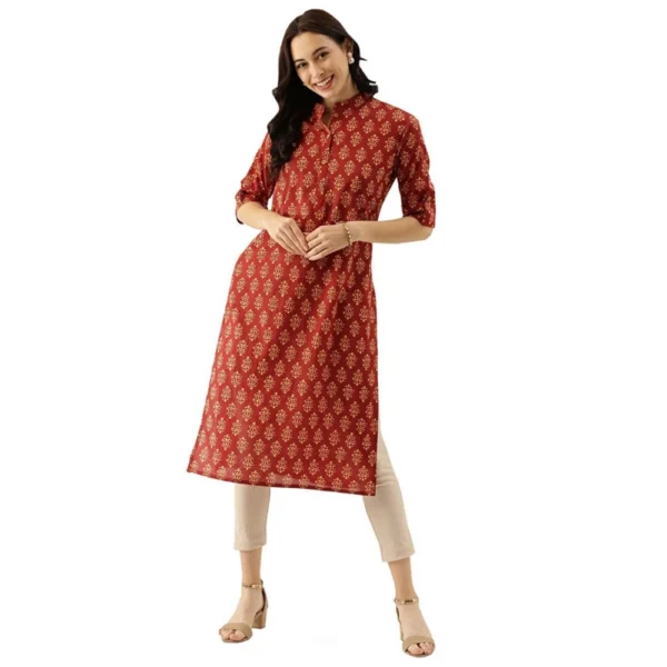 Women's Cotton Printed Straight Kurti (Red, Cotton)
