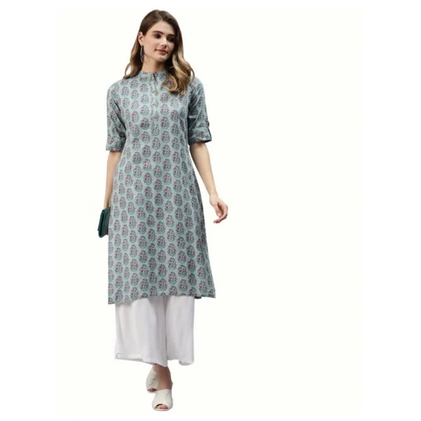 Women's Cotton Printed Straight Kurti (Blue, Cotton)