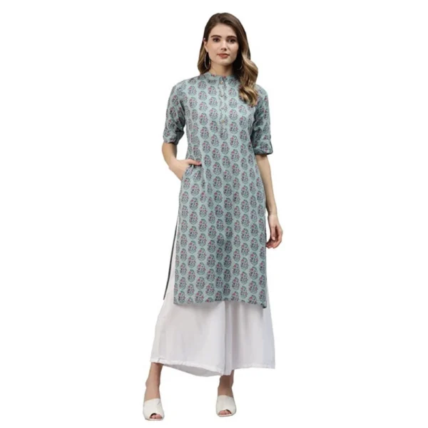 Women's Cotton Printed Straight Kurti (Blue, Cotton)