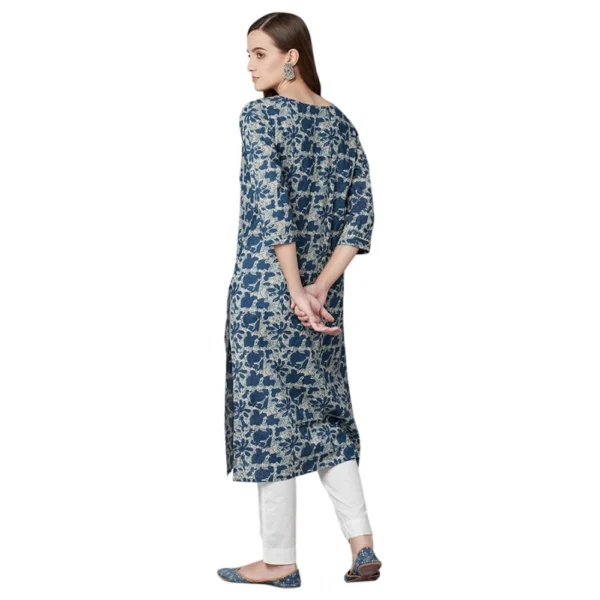 Women's Cotton Printed Straight Kurti (Blue, Cotton)