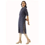 Women's Cotton Printed Straight Kurti (Navy Blue, Cotton)
