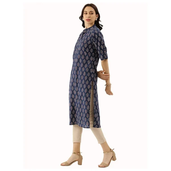 Women's Cotton Printed Straight Kurti (Navy Blue, Cotton)