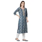 Women's Cotton Printed Straight Kurti (Blue, Cotton)