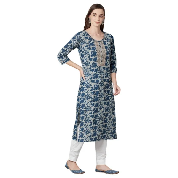 Women's Cotton Printed Straight Kurti (Blue, Cotton)