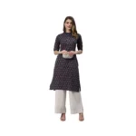 Women's Cotton Printed Straight Kurti (Navy Blue, Cotton)