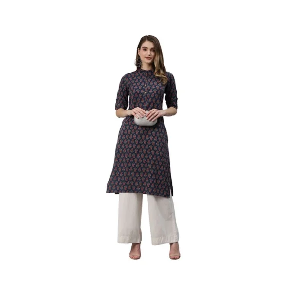 Women's Cotton Printed Straight Kurti (Navy Blue, Cotton)