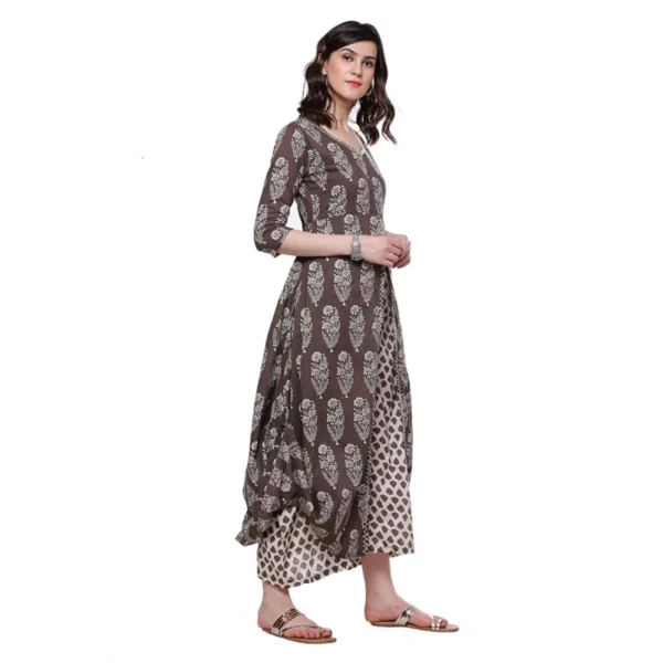 Women's Cotton Printed Long Kurti (Brown, Cotton)