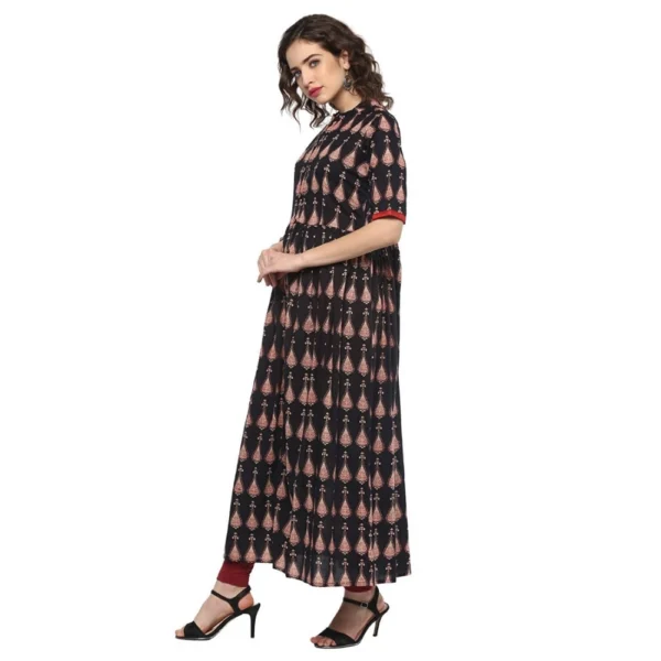 Women's Cotton Printed Front Slit Kurti (Black, Cotton)