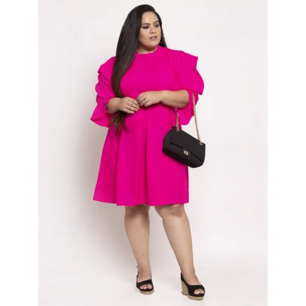 Women's Crepe Solid Knee Length Fit and Flare Dress (Pink)
