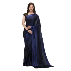 Women's Satin Silk Saree with Blouse (Blue, 5-6 Mtrs)