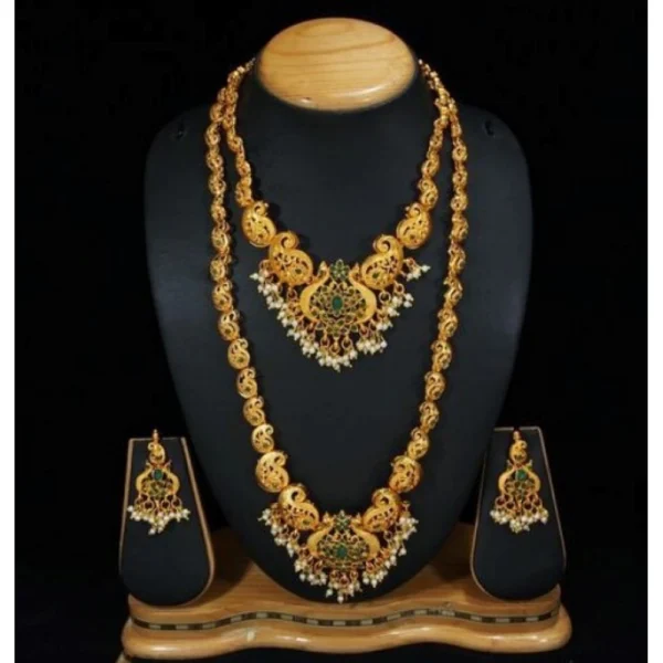 Women's Elegent Temple Jewellery Set With Earrings (Green, Free Size)