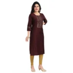 Women's 3/4th Sleeve Silk Blend Tunic Long Kurti (Brown)