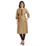 Women's 3/4th Sleeve Silk Blend Tunic Long Kurti (Beige)