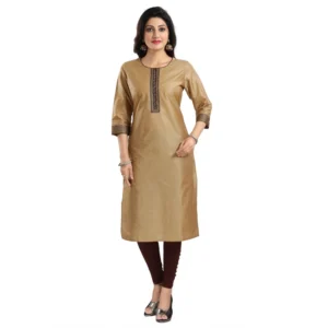 Women's 3/4th Sleeve Silk Blend Tunic Long Kurti (Beige)
