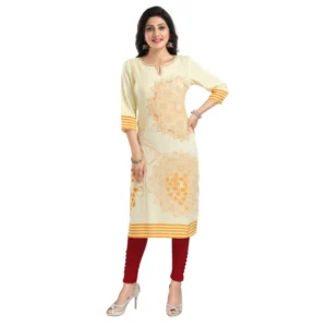 Women's 3/4th Sleeve Viscose Blend Tunic Long Kurti (Yellow)