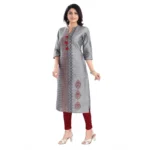 Women's 3/4th Sleeve Silk Blend Tunic Long Kurti (Grey)