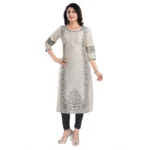 Women's 3/4th Sleeve Silk Blend Tunic Long Kurti (Beige)
