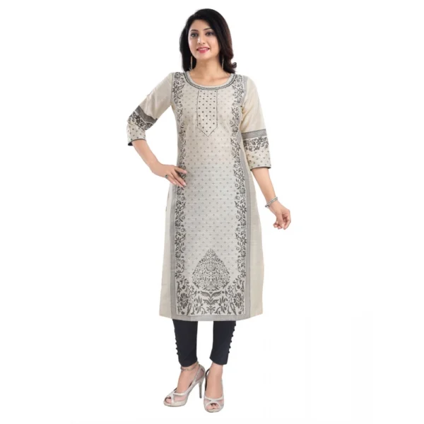 Women's 3/4th Sleeve Silk Blend Tunic Long Kurti (Beige)