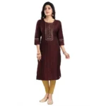 Women's 3/4th Sleeve Silk Blend Tunic Long Kurti (Brown)