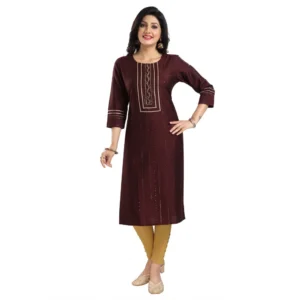 Women's 3/4th Sleeve Silk Blend Tunic Long Kurti (Brown)
